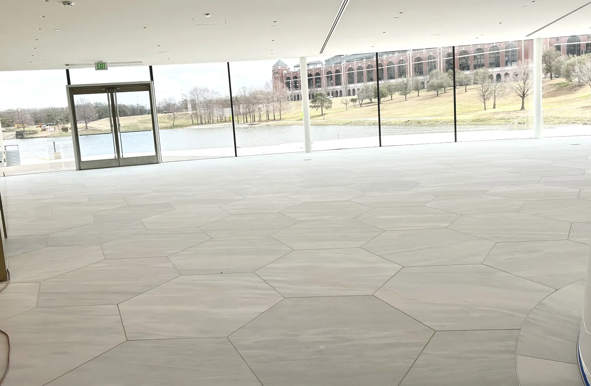 Large-format stone tile flooring